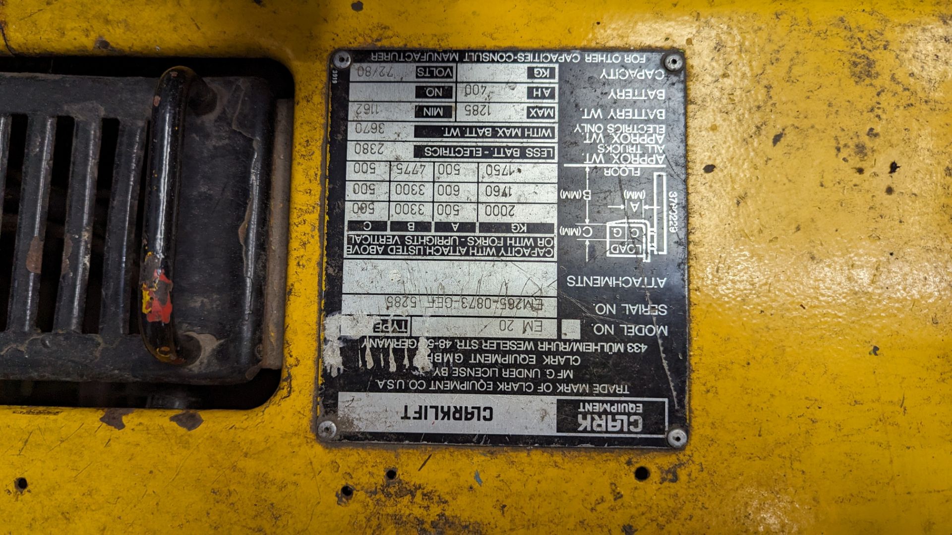 Clarke Engineering electric forklift truck, model EM20, including charger. The truck features side - Image 15 of 19