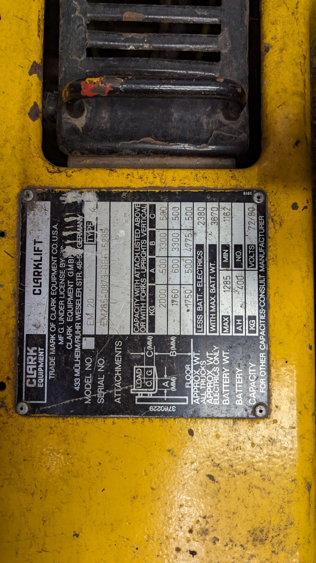 Clarke Engineering electric forklift truck, model EM20, including charger. The truck features side - Image 16 of 19