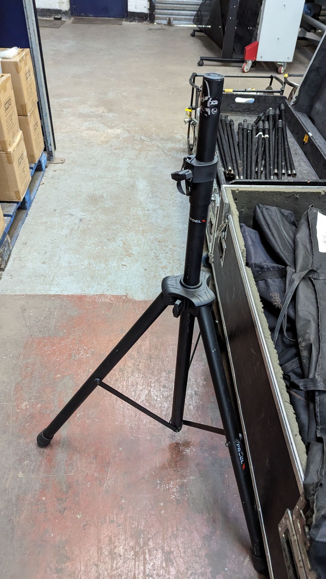 7 off Proel speaker stands each in their own bag. This lot includes large mobile flight case. Tota - Image 3 of 9