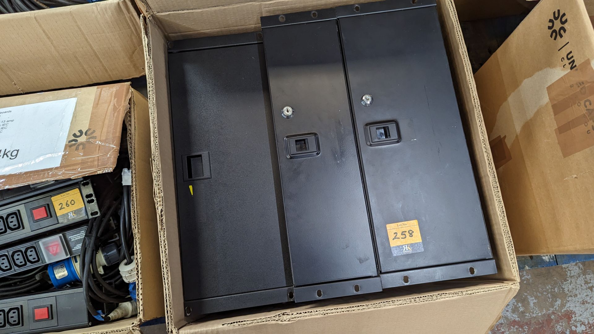 3 off 19" rack vaults, comprising 1 off 3u and 2 off 4u (All unlocked but no keys). In cardboard box - Image 3 of 4