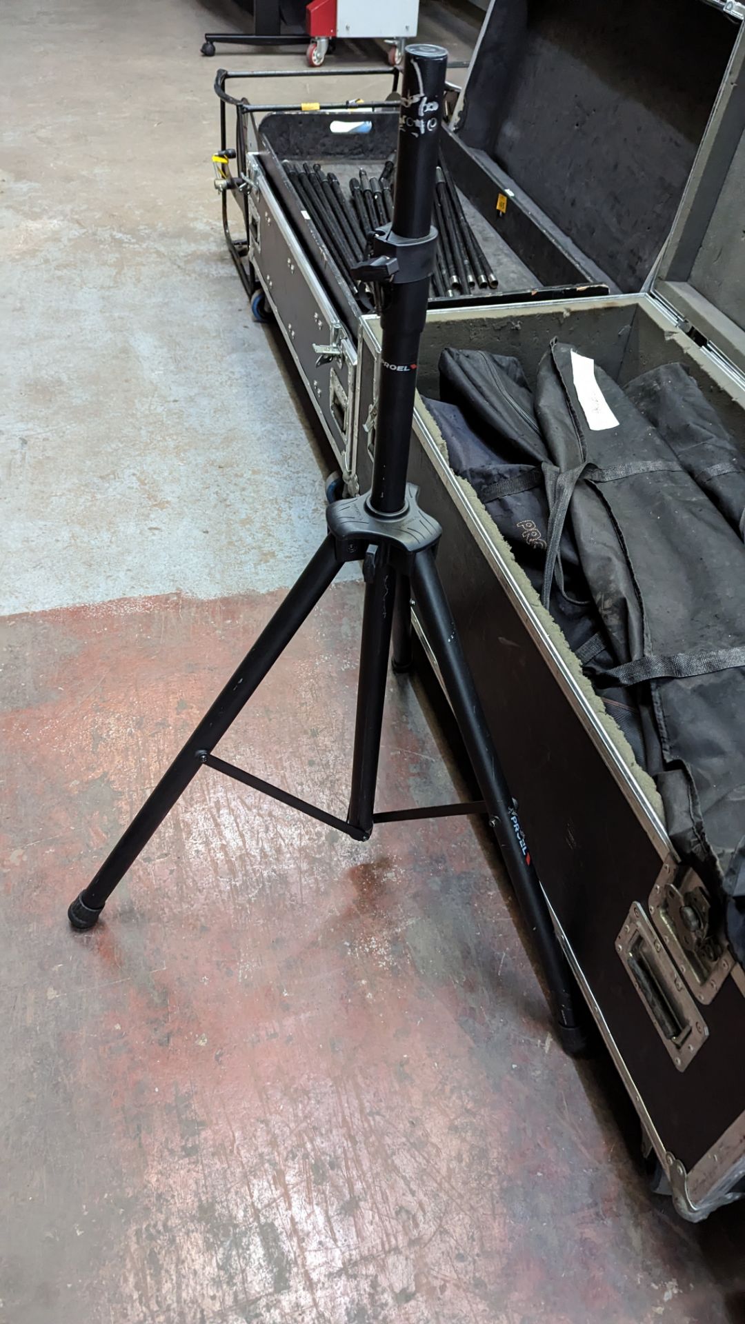 7 off Proel speaker stands each in their own bag. This lot includes large mobile flight case. Tota - Image 2 of 9