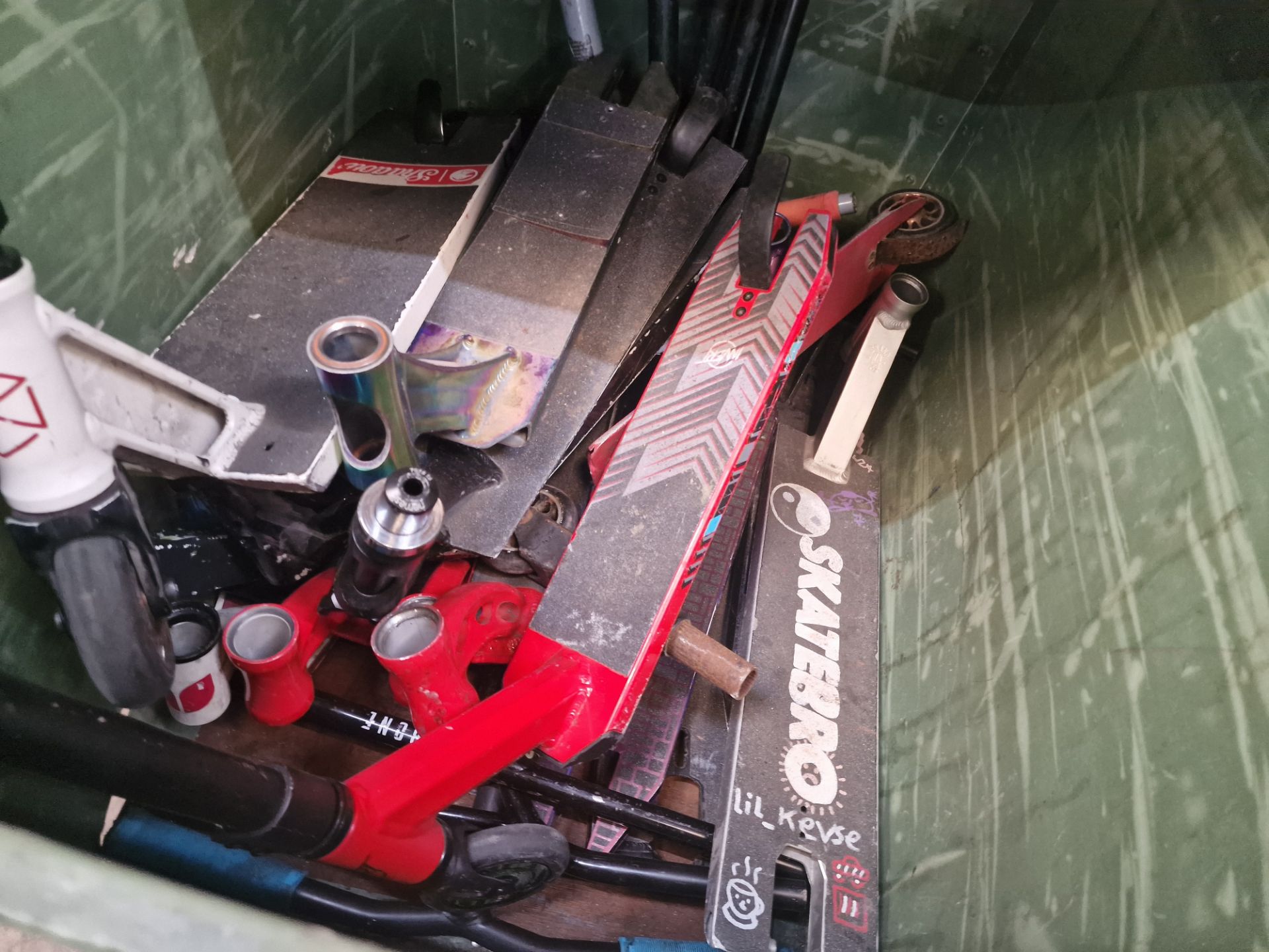 Quantity of scooters and related items comprising the contents of a wheelie bin plus a stack of whee - Image 4 of 10