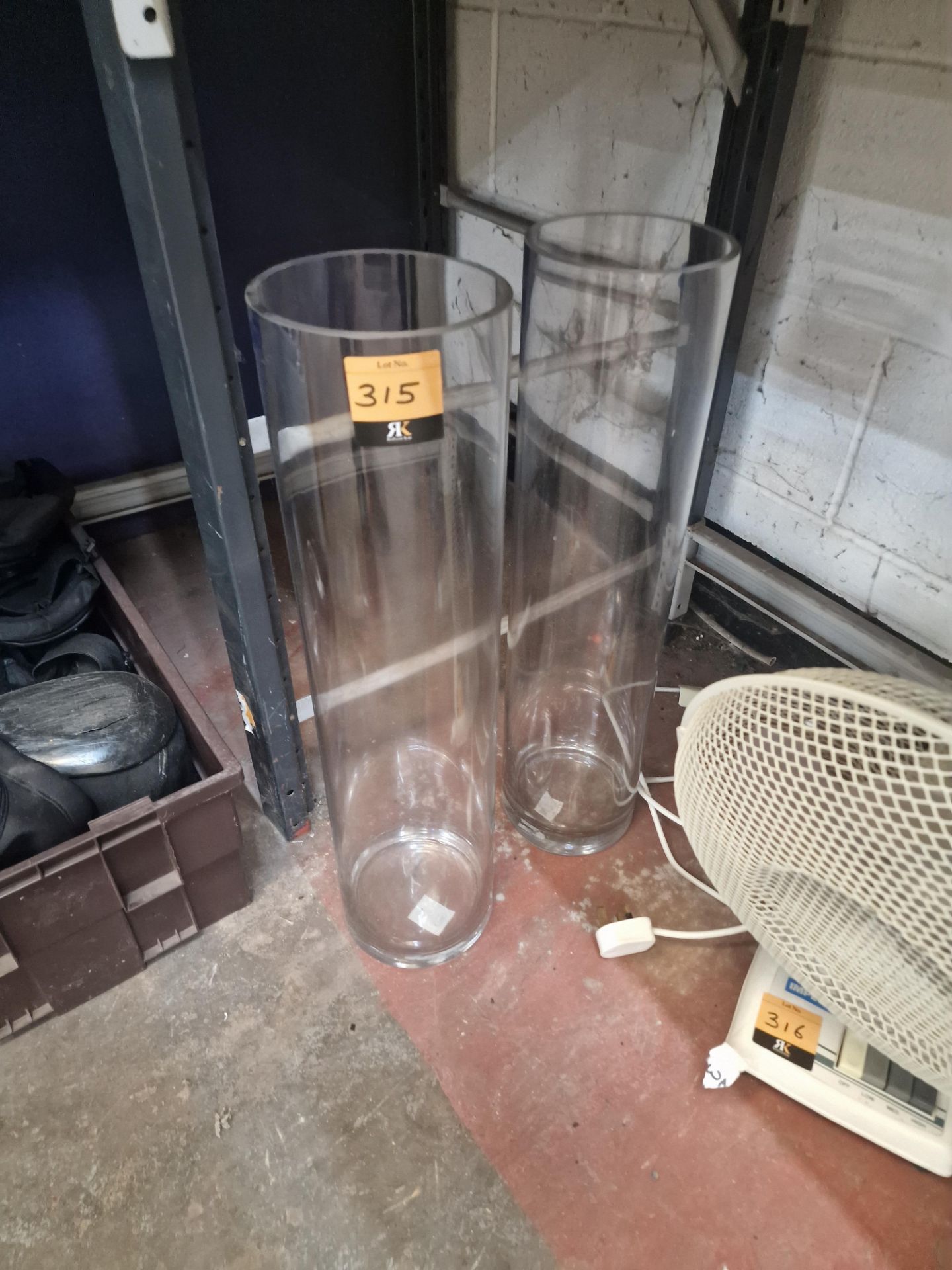 2 off tall glass cylindrical vases