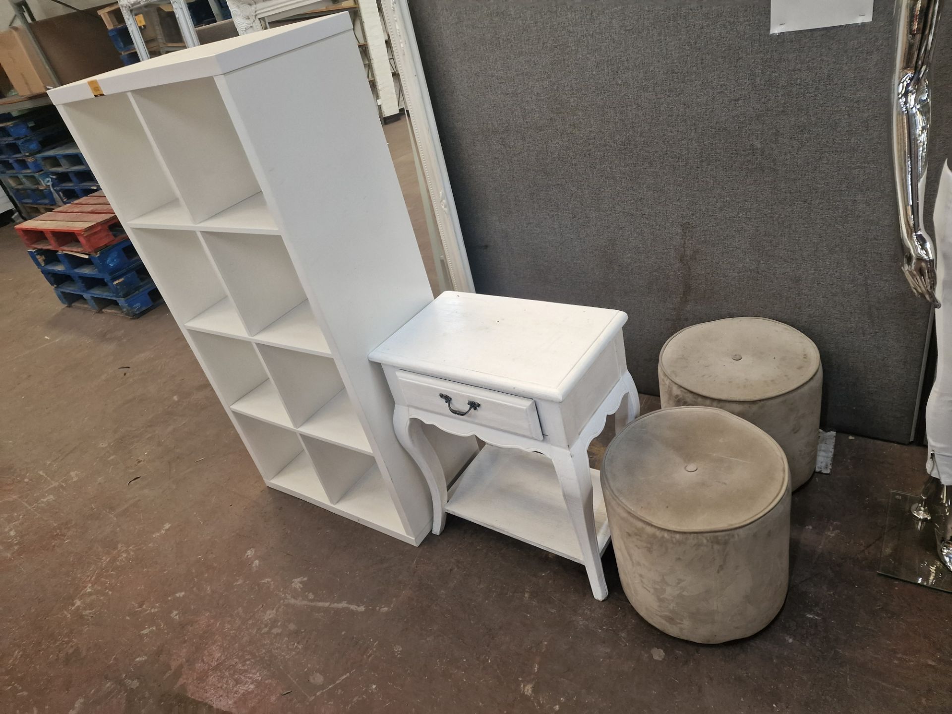 Quantity of furniture comprising shelving unit, side table and 2 upholstered footstools
