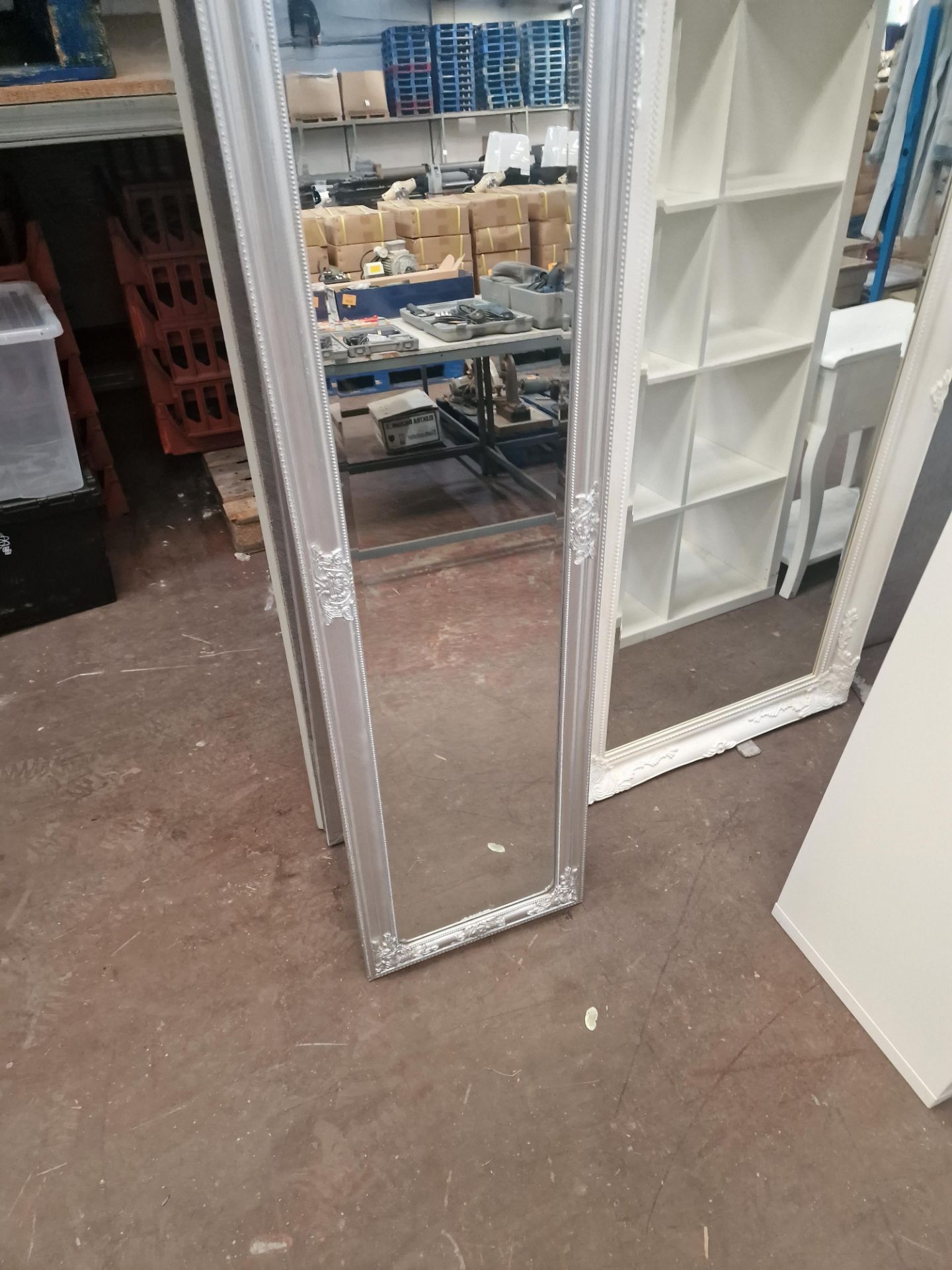 2 off large framed mirrors, 1 with a silver surround and hinged support at the rear, the other with - Image 2 of 5