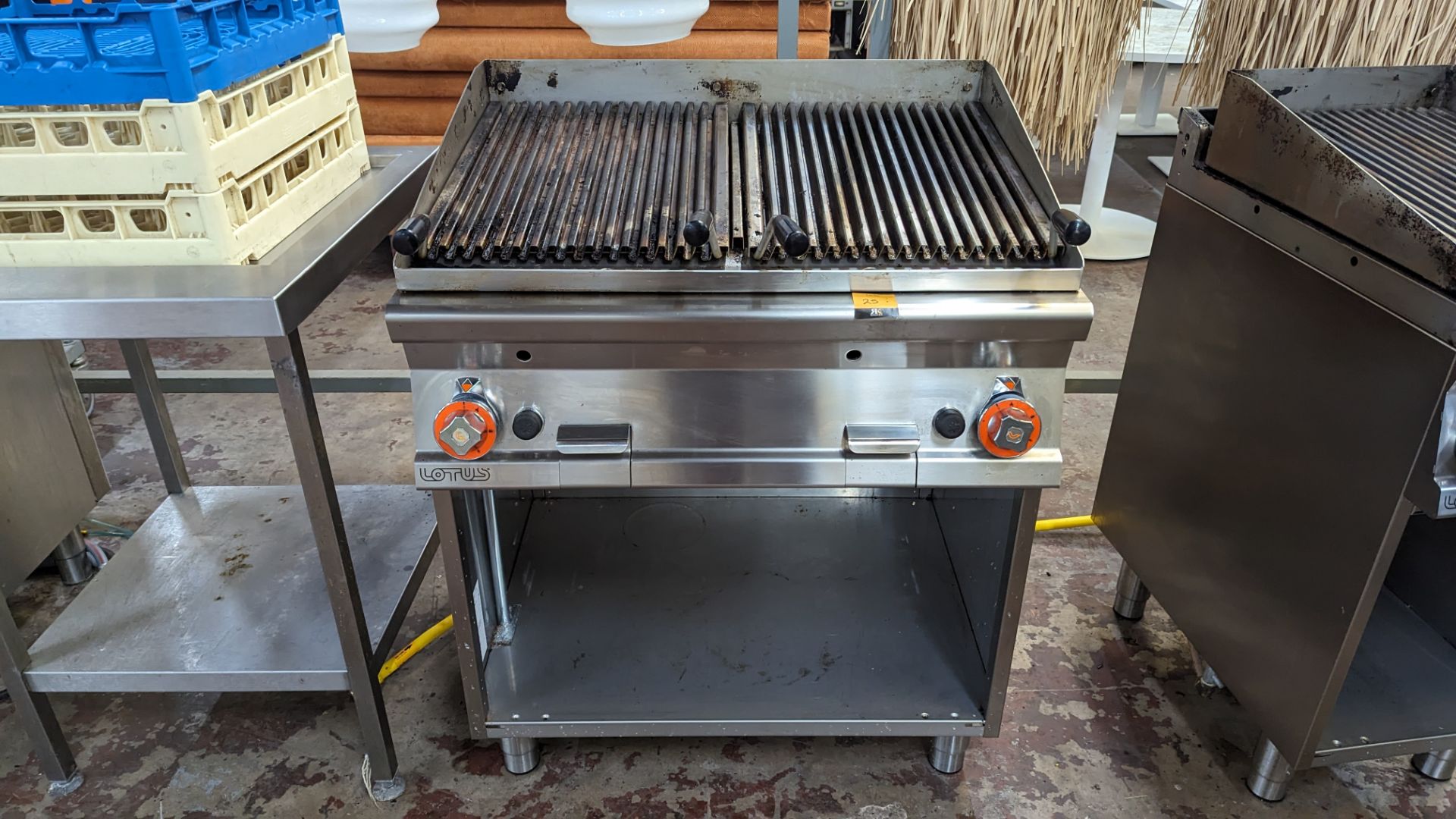 Lotus CW-78g stainless steel twin width chargrill unit on open cabinet, measuring 800mm wide x 700mm