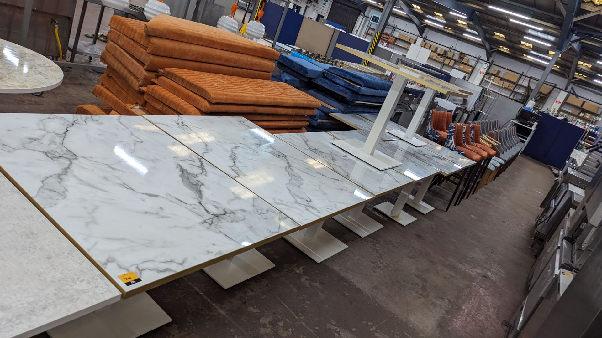 10 off matching dining tables in 3 different sizes with marble effect tops. 2 of the tables are ret