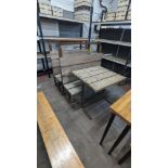 Heavy duty outdoor furniture suite in metal & wood comprising 2 high back benches plus matching squa