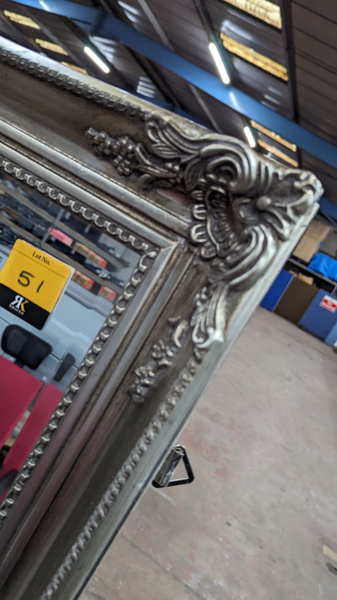 Large rectangular bevelled mirror with ornate silver frame, measuring approximately 1800mm x 850mm - Image 6 of 8