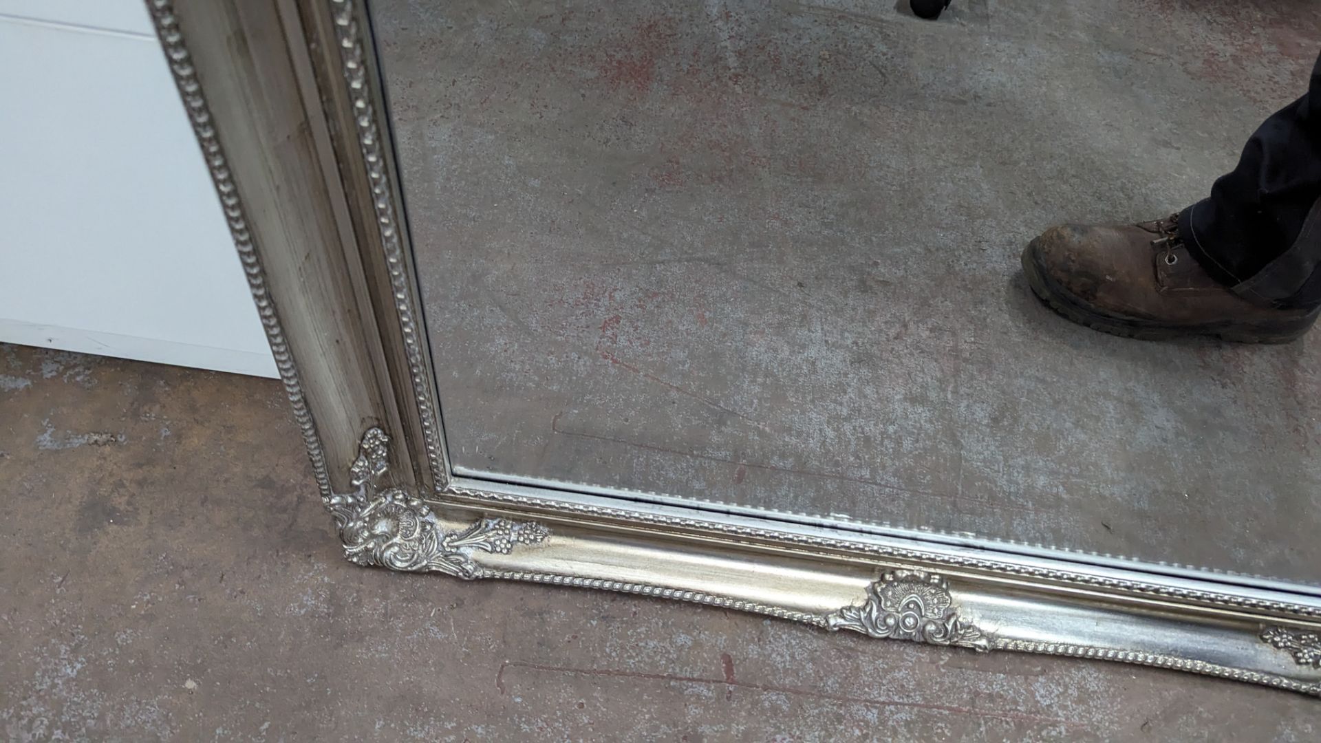 Large rectangular bevelled mirror with ornate silver frame, measuring approximately 1800mm x 850mm - Image 8 of 8