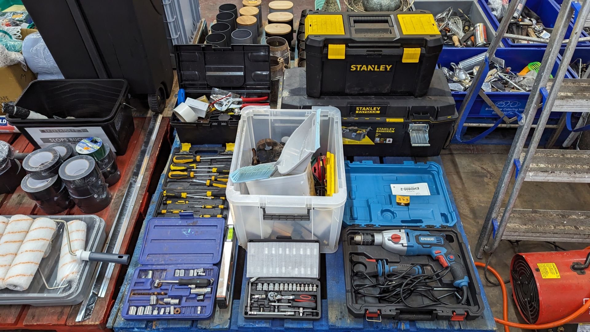 The contents of a pallet of tools including 2 toolboxes plus Erbauer drill, screwdriver sets, socket