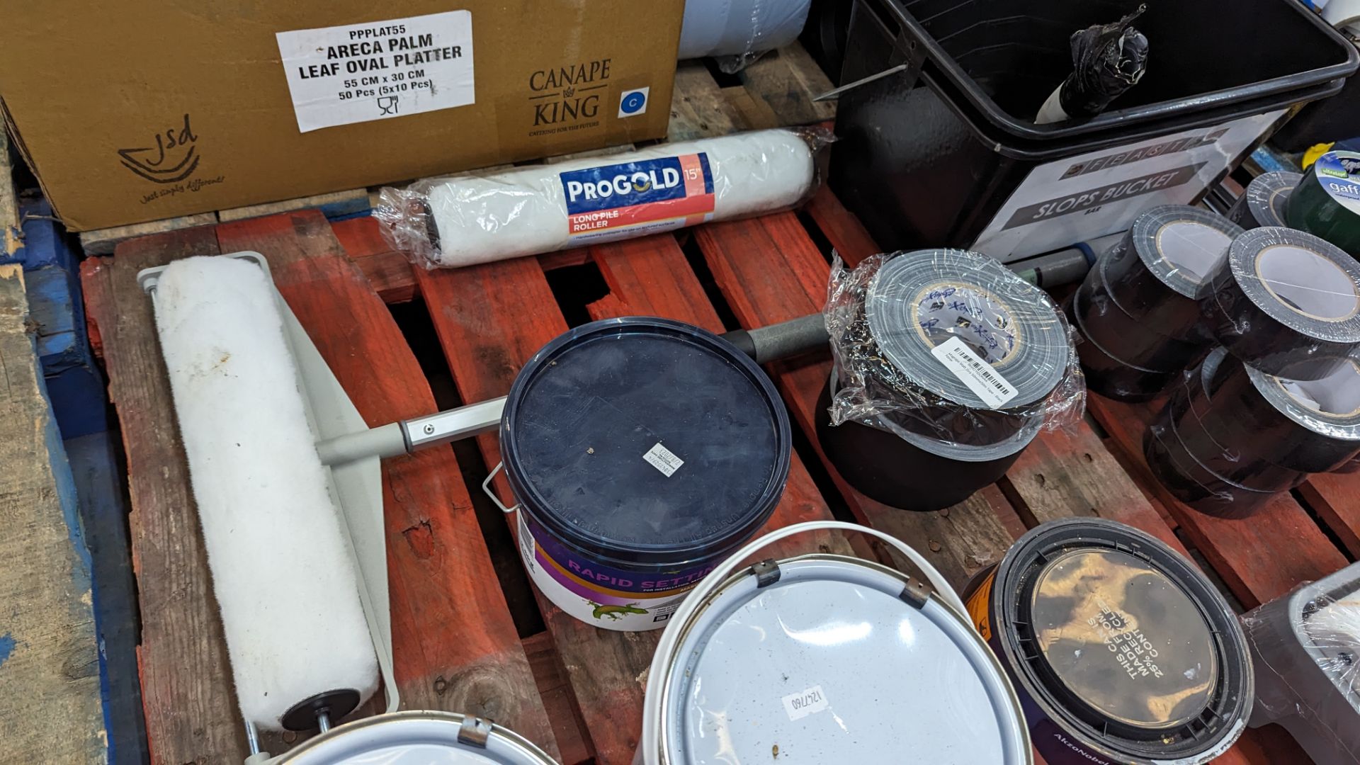 The contents of a pallet of decorating items including paint rollers, paint, tape & more - Image 9 of 10