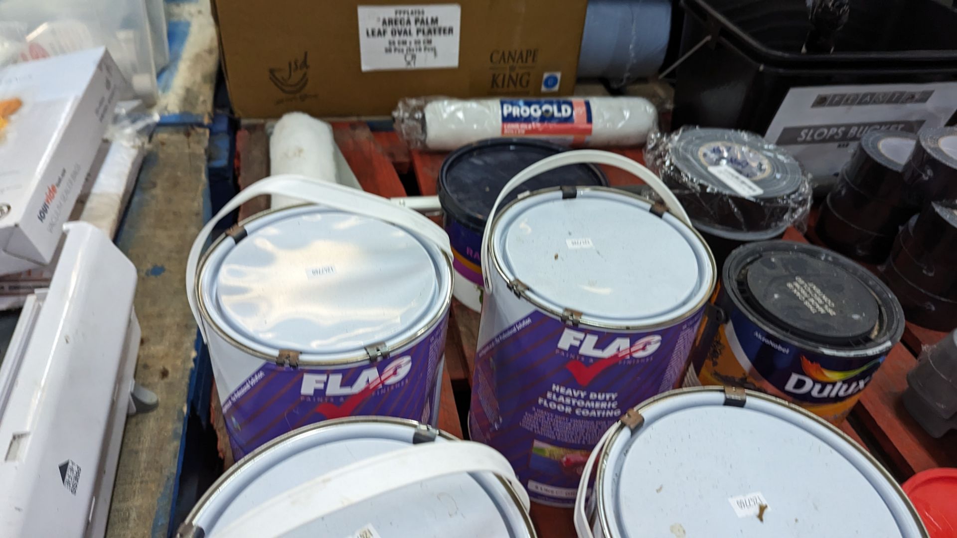 The contents of a pallet of decorating items including paint rollers, paint, tape & more - Image 8 of 10