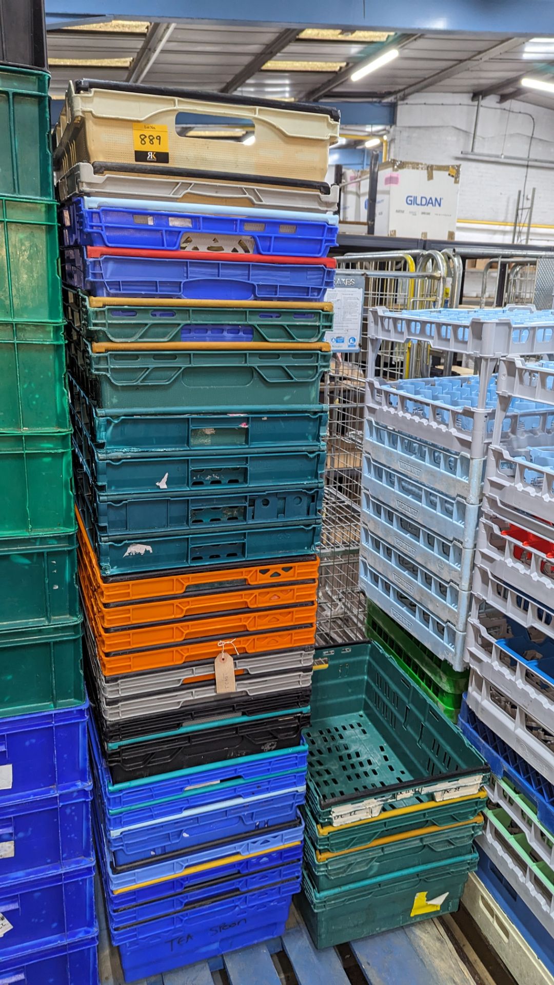 Stack of approximately 30 assorted stacking crates in several different styles - 2 stacks