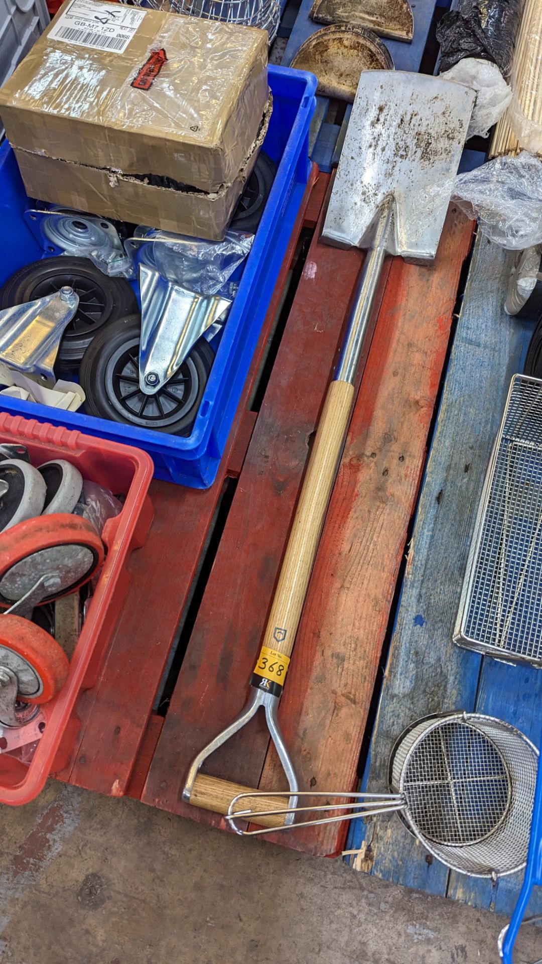 The contents of a pallet including long handle spade, jump start cables, safety harnesses, wheels, l - Image 3 of 10