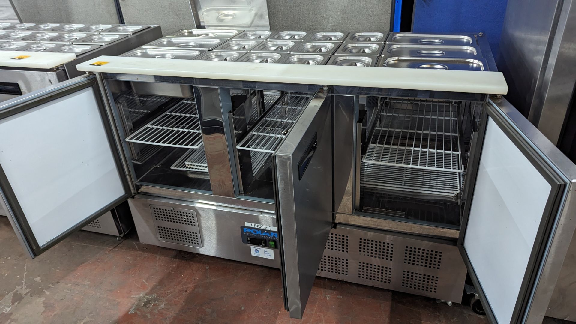 Polar stainless steel triple door refrigerated cabinet with large saladette unit built into the top, - Image 9 of 9