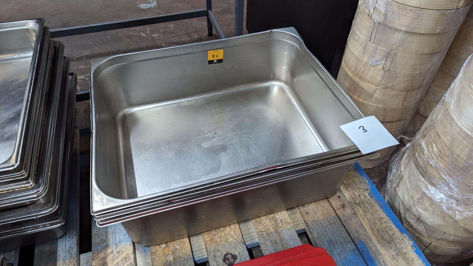 3 off very large stainless steel deep trays each measuring 650mm x 530mm x 200mm