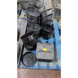 Row of assorted round & square cake tins - approximately 44 items in total
