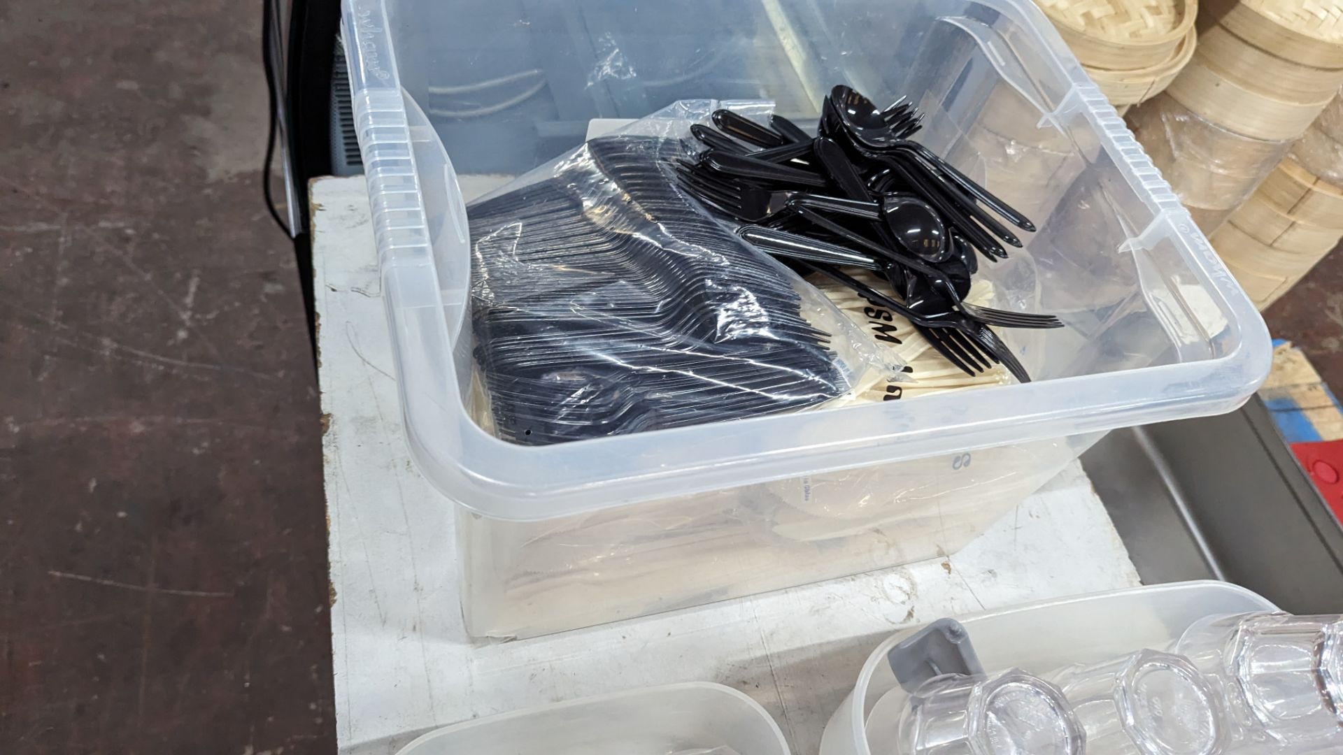 Quantity of plasticware comprising 30 re-usable tumblers plus the contents of a crate of cutlery. N - Image 6 of 7