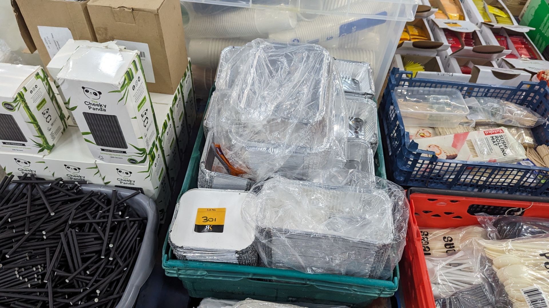 The contents of a pallet of disposable items including foil trays & lids, straws, plates & more. NB - Image 4 of 12