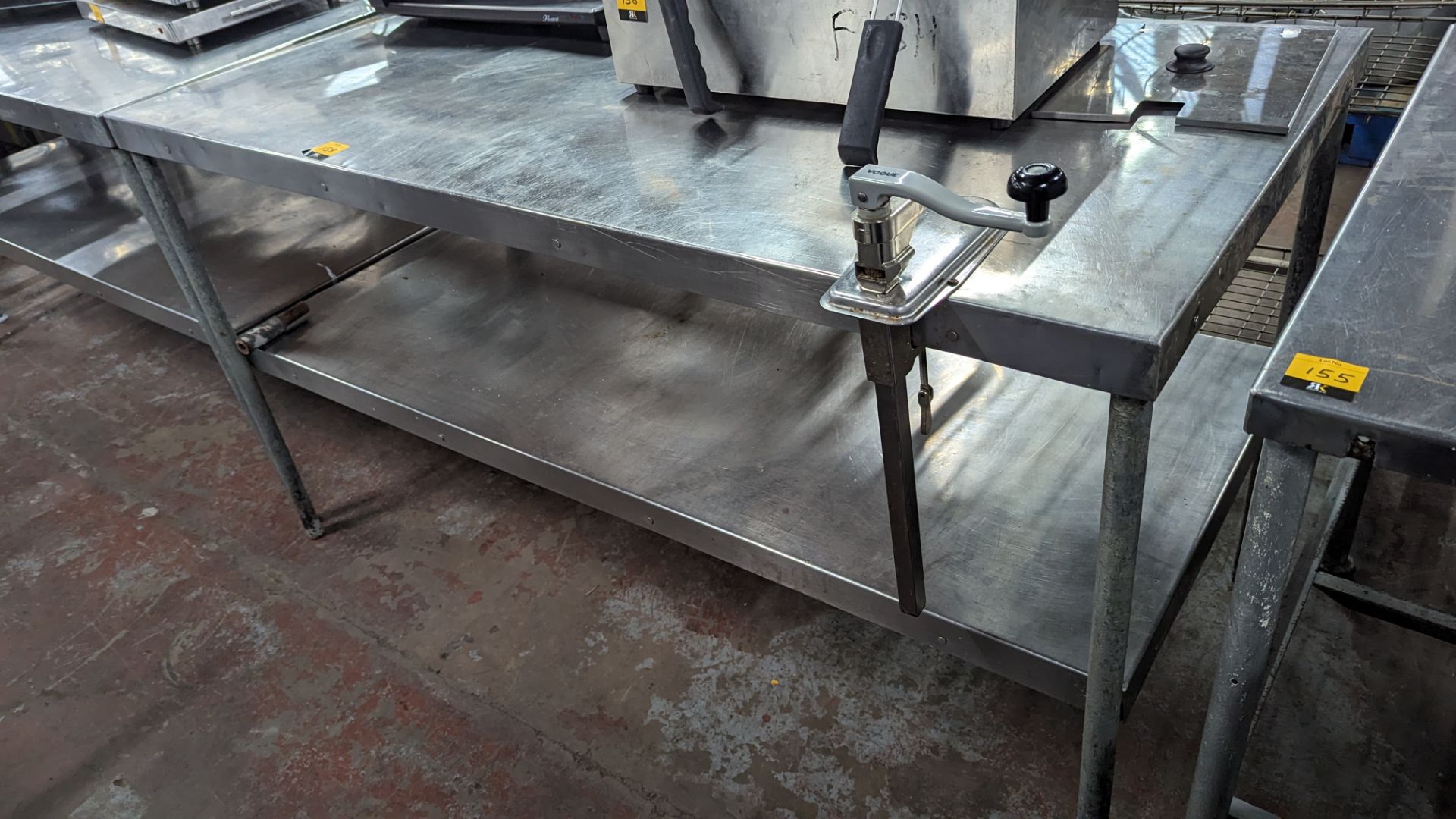 Stainless steel twin tier table including Vogue commercial can opener attached to same. NB max exte - Image 3 of 4