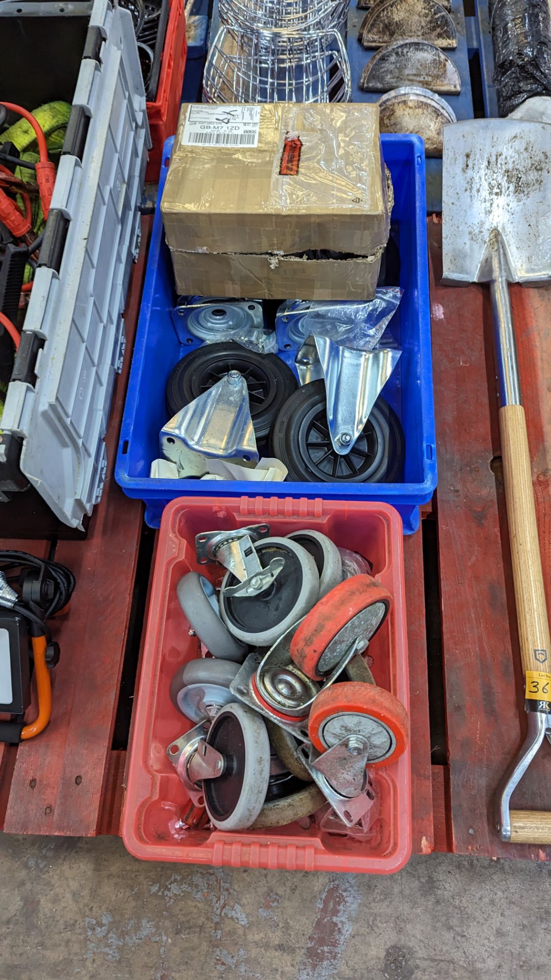The contents of a pallet including long handle spade, jump start cables, safety harnesses, wheels, l - Image 4 of 10