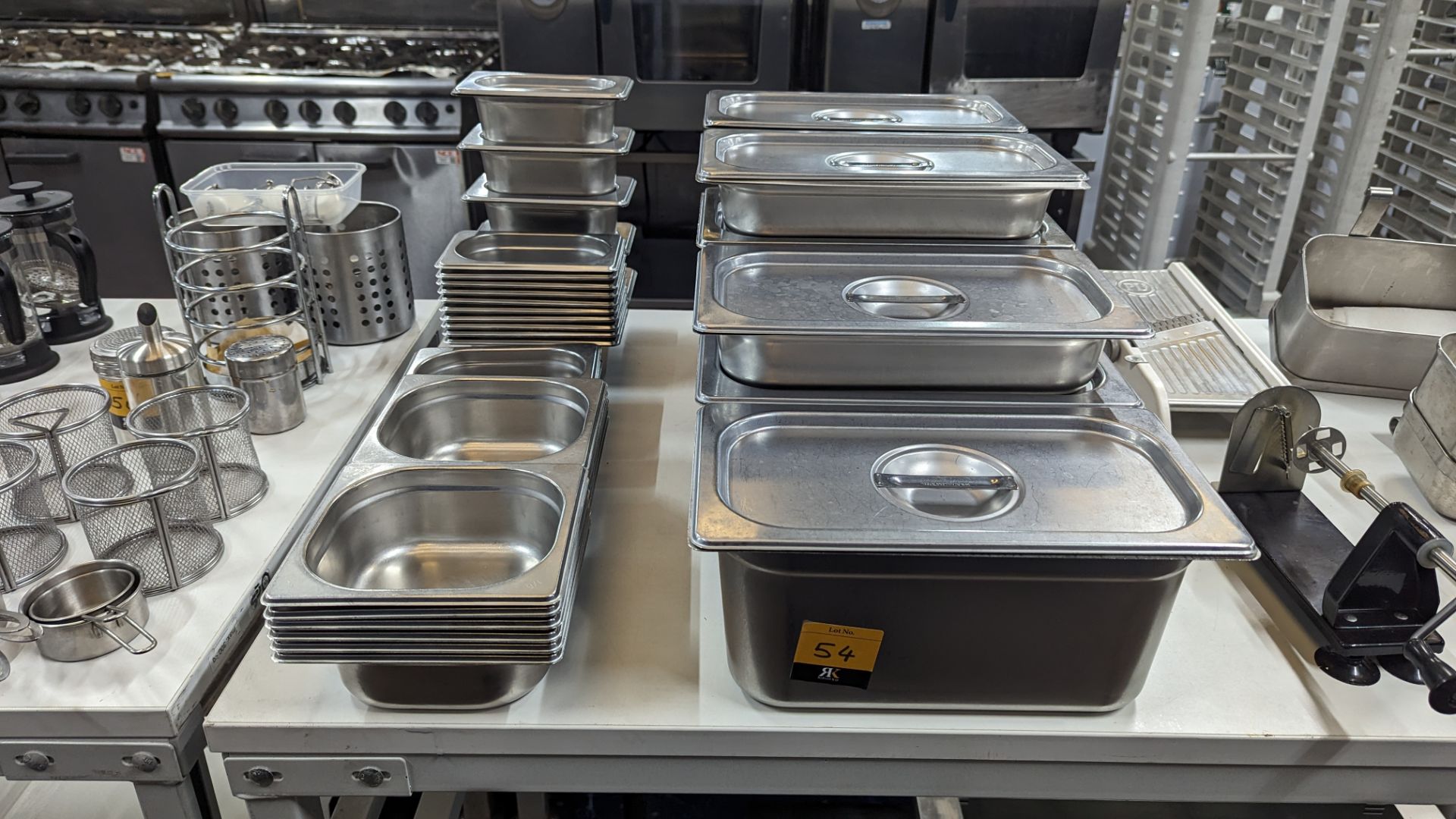 Large quantity of stainless steel storage receptacles, plus quantity of lids for use with same. In - Image 2 of 6