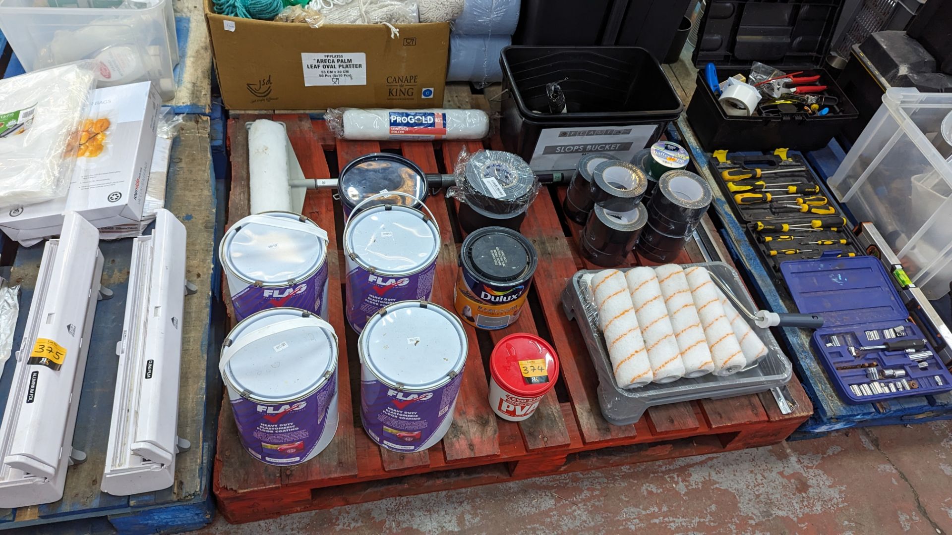 The contents of a pallet of decorating items including paint rollers, paint, tape & more - Image 10 of 10