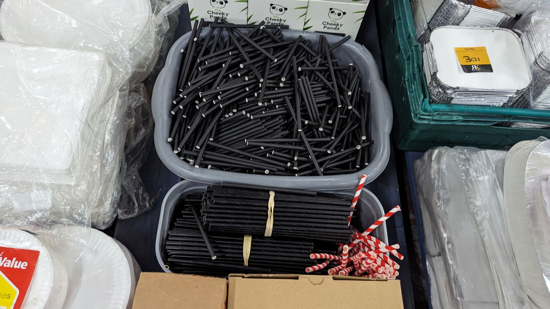 The contents of a pallet of disposable items including foil trays & lids, straws, plates & more. NB - Image 6 of 12