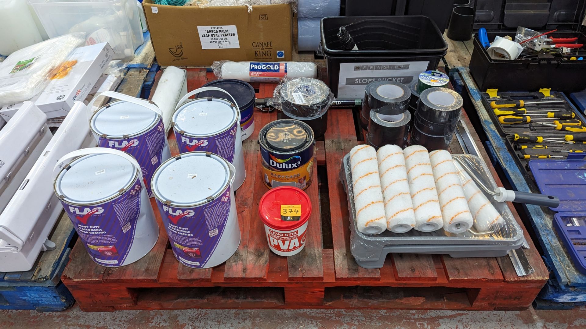 The contents of a pallet of decorating items including paint rollers, paint, tape & more - Image 2 of 10