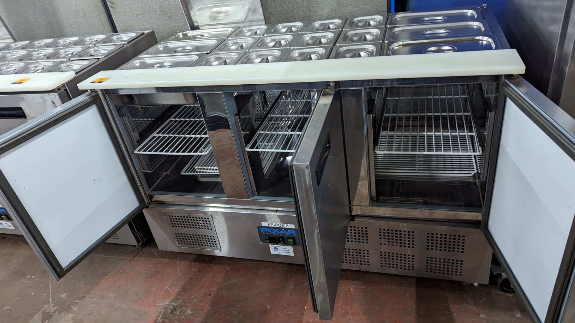 Polar stainless steel triple door refrigerated cabinet with large saladette unit built into the top, - Image 8 of 9