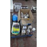 Box of assorted tile related fluids plus 5 loose bottles in front of same and 2 assorted sacks of gr