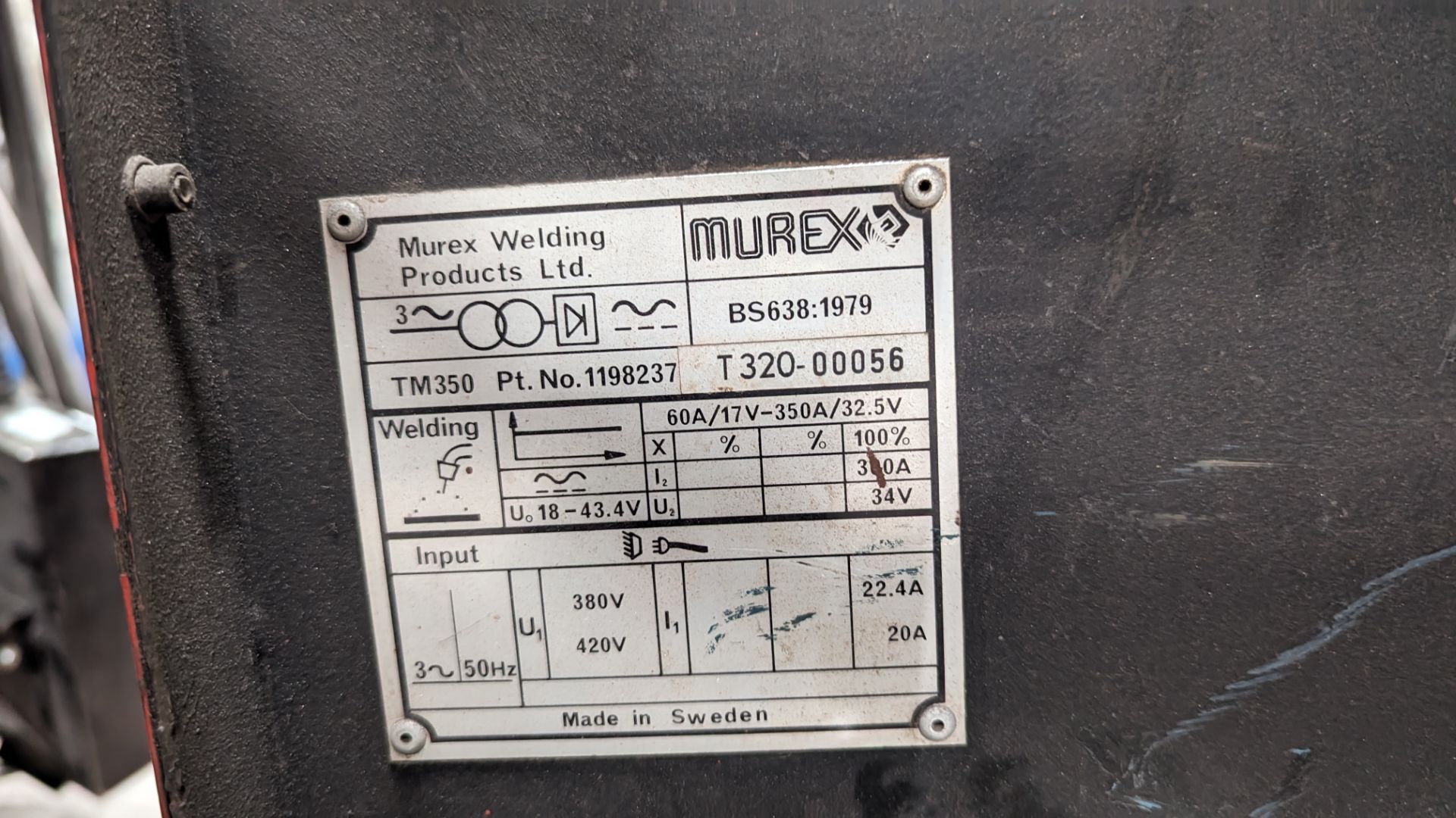 Murex Transmig 350 welding set with BOC model TF 2.0 feed - Image 12 of 15