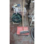 Mixed lot comprising large mobile bucket with built-in rollers, hose on reel, long handled brush and