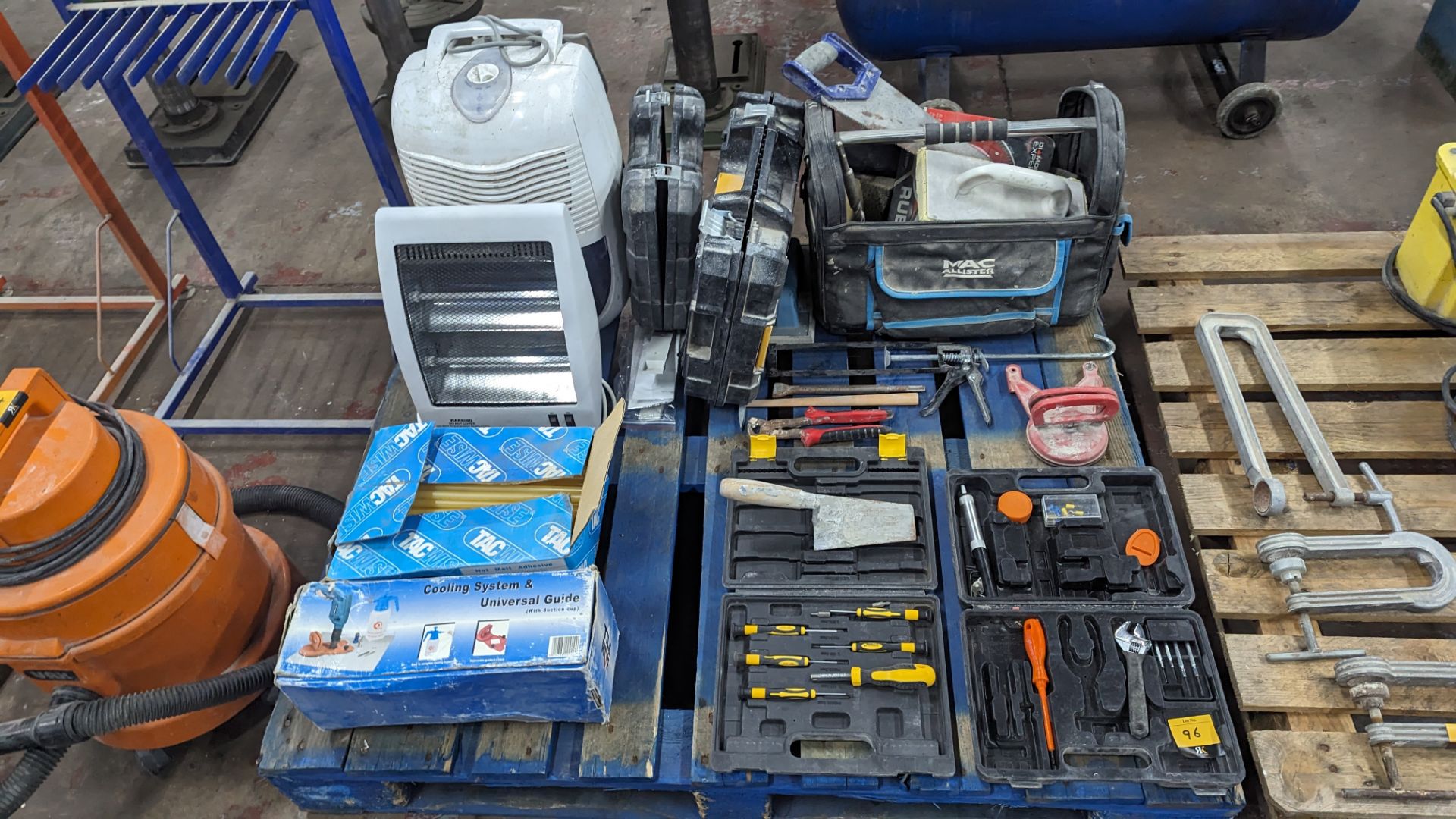 The contents of a pallet of tools and miscellaneous including screwdriver kit, tool bag and boxes, U