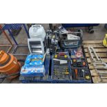 The contents of a pallet of tools and miscellaneous including screwdriver kit, tool bag and boxes, U