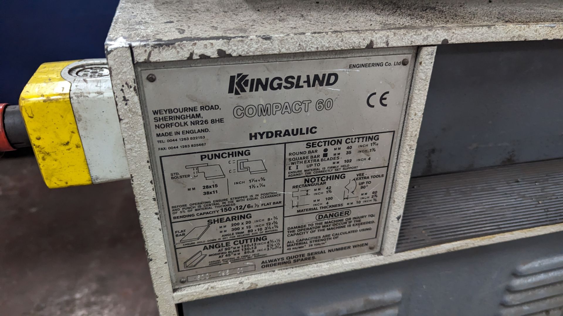Kingsland Compact 60 hydraulic metalworker for punching, shearing, angle cutting, section cutting an - Image 6 of 22