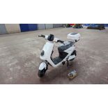 Model 18 Electric Bike: Zero (0) recorded miles, white body with black detailing, lockable storage b