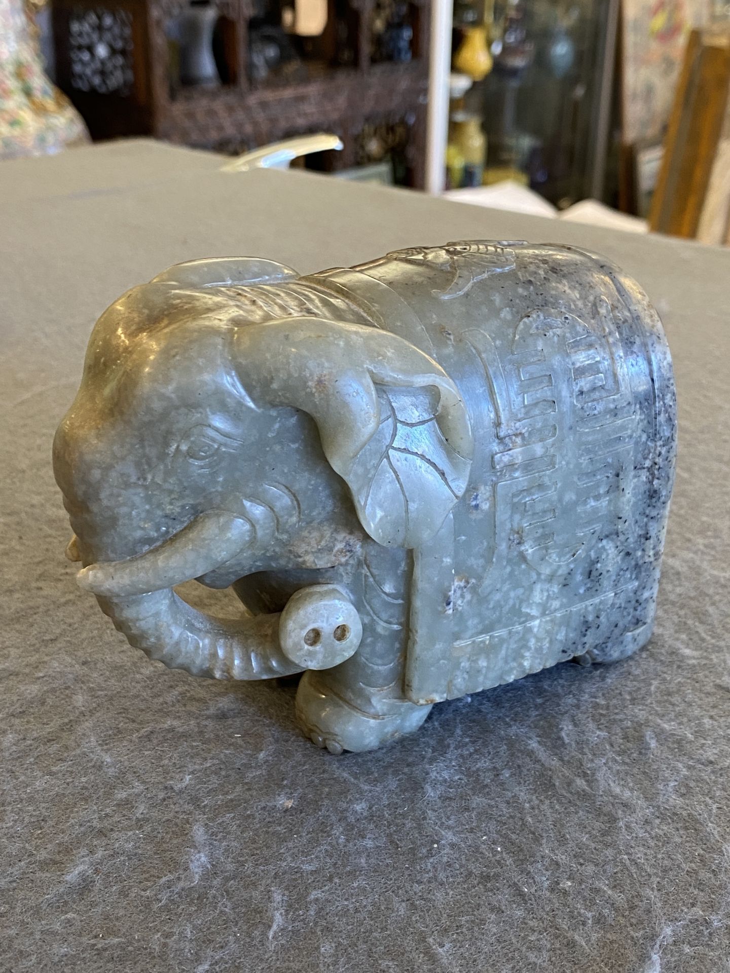 A Chinese grey-speckled celadon jade elephant, Qing - Image 8 of 18
