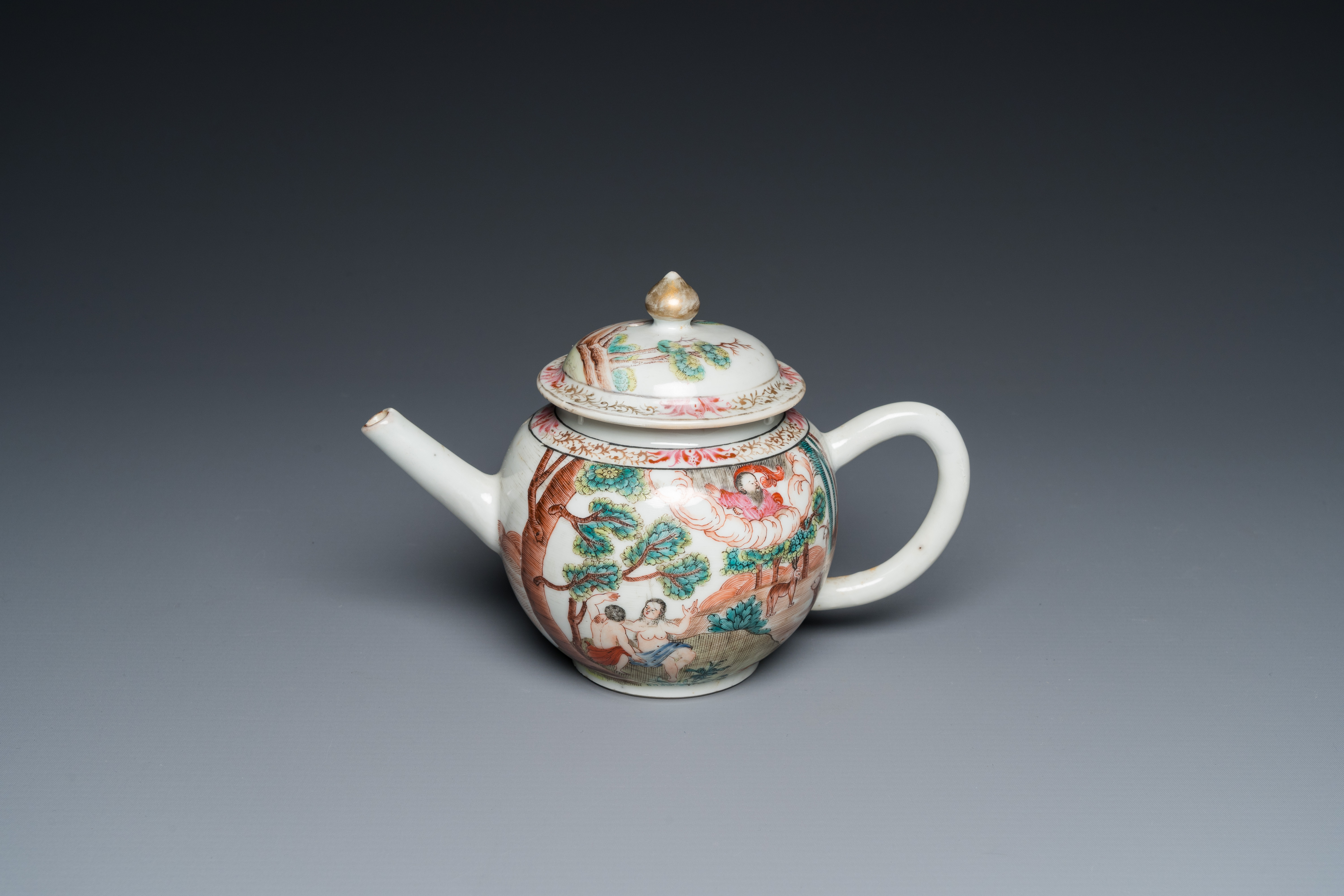 A rare Chinese famille rose 'Adam and Eve' teapot and cover, Qianlong