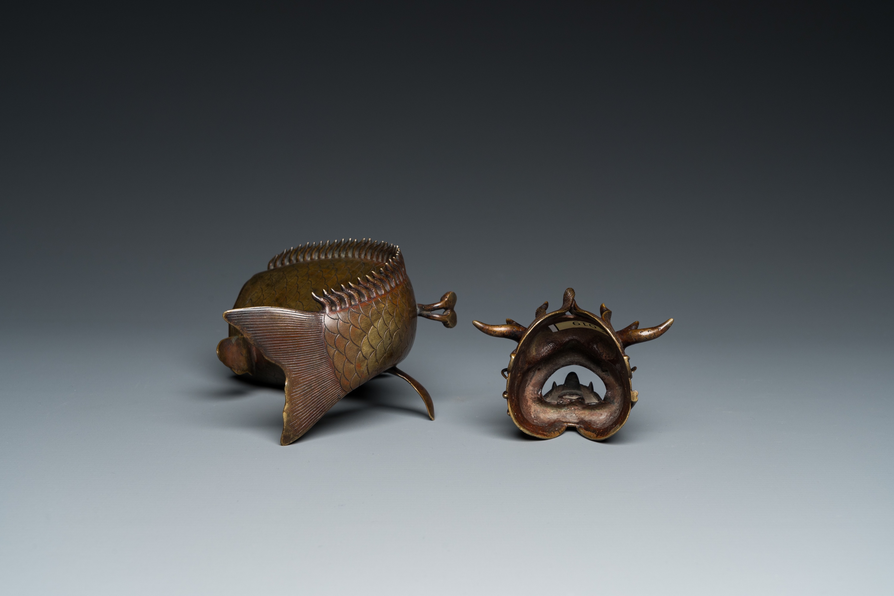 A Chinese bronze dragonfish form censer, Ming - Image 5 of 29