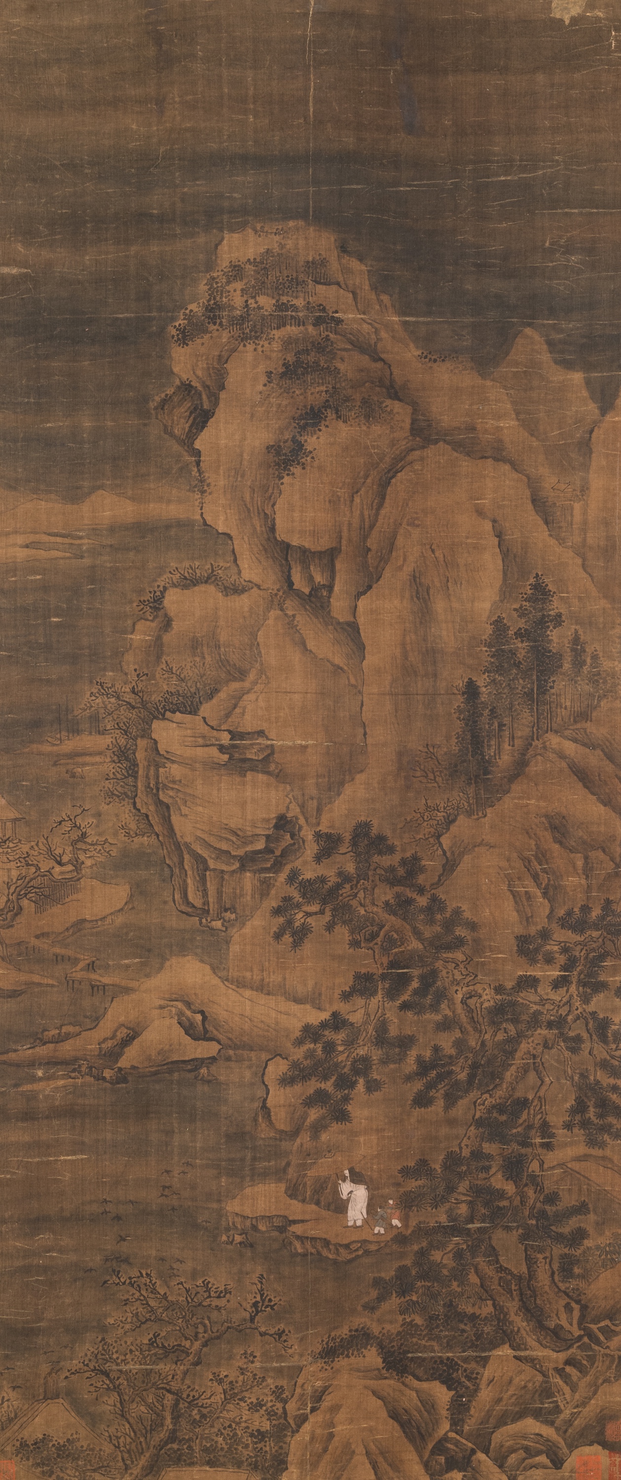 Chinese school: 'Landscape with a scholar and his servants', ink and colour on silk, Ming - Image 2 of 7