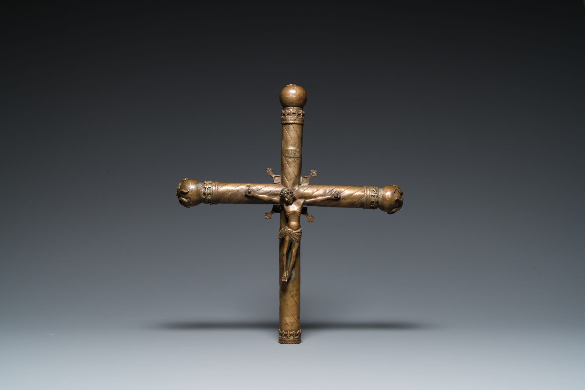 A brass processional cross with corpus, France, 15th C.