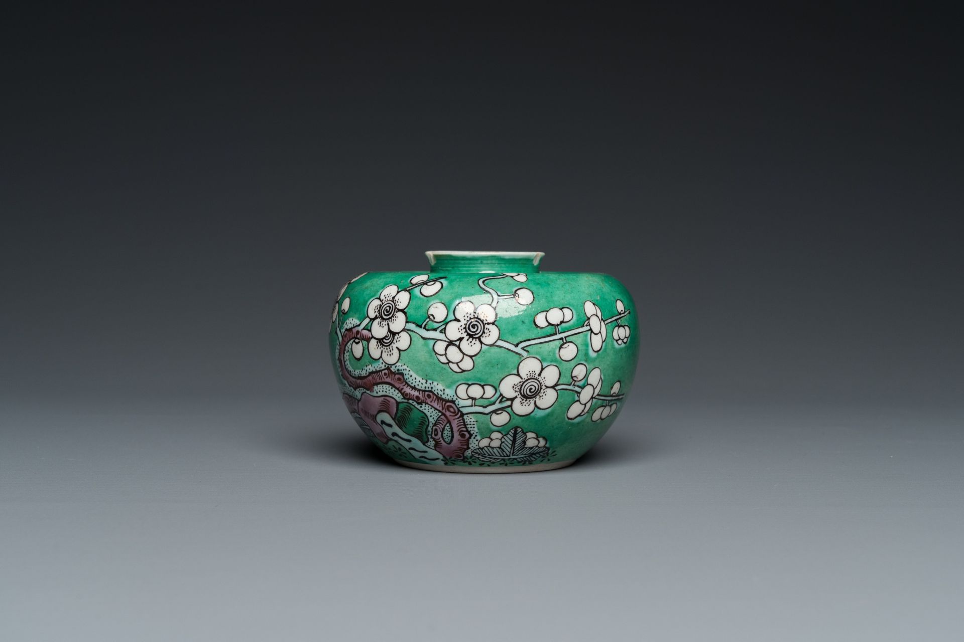 A Chinese verte biscuit 'prunus flowers' water pot, 19th C. - Image 2 of 7