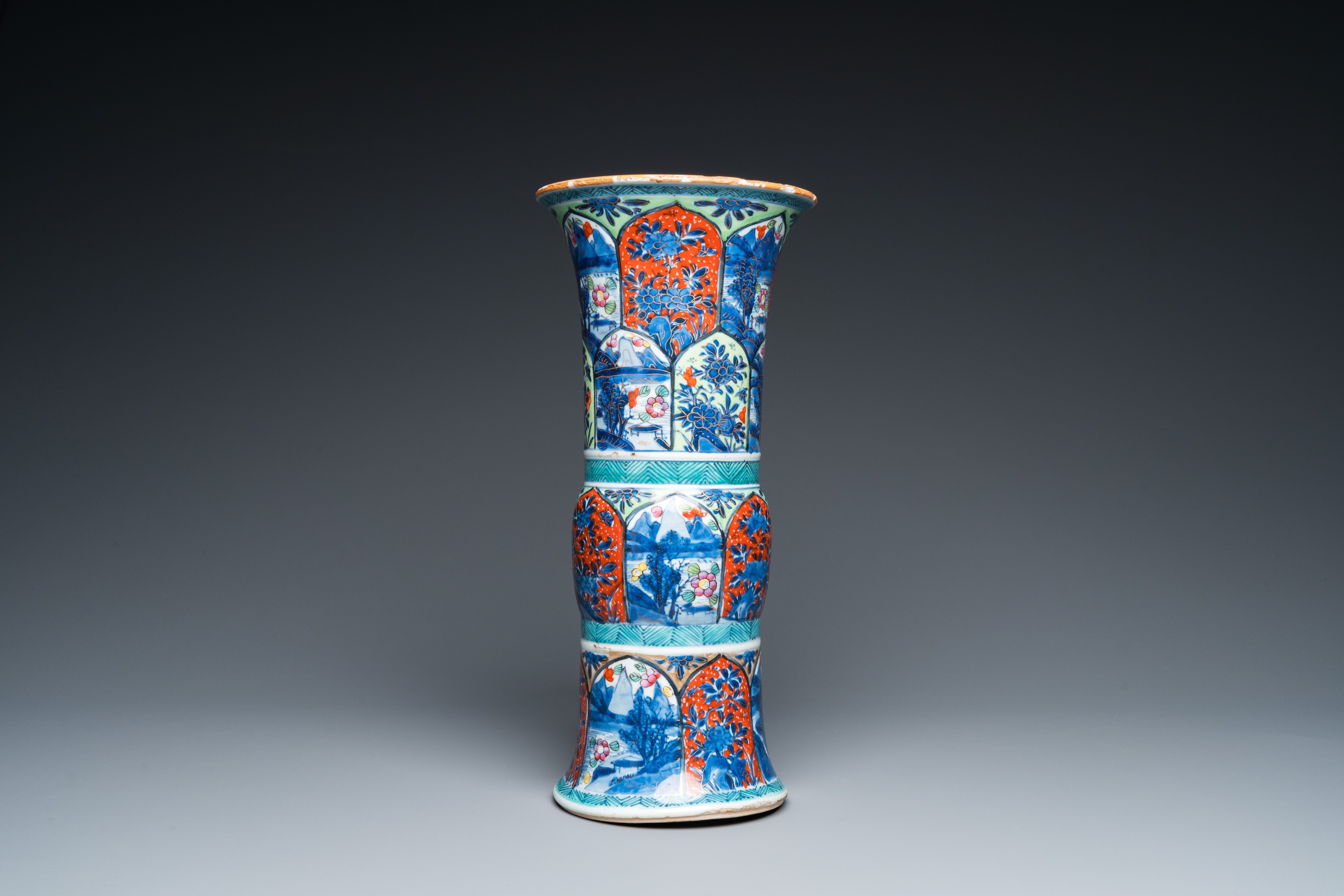 A Chinese blue and white 'gu' vase with European clobbered design, Kangxi - Image 3 of 8