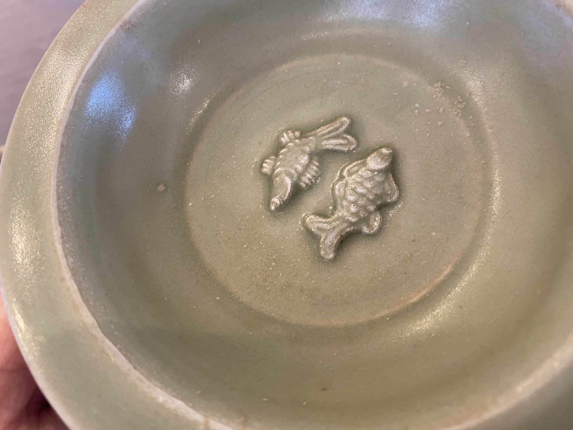 Two Chinese celadon-glazed bowls, one with twin fish, Ming - Image 10 of 14