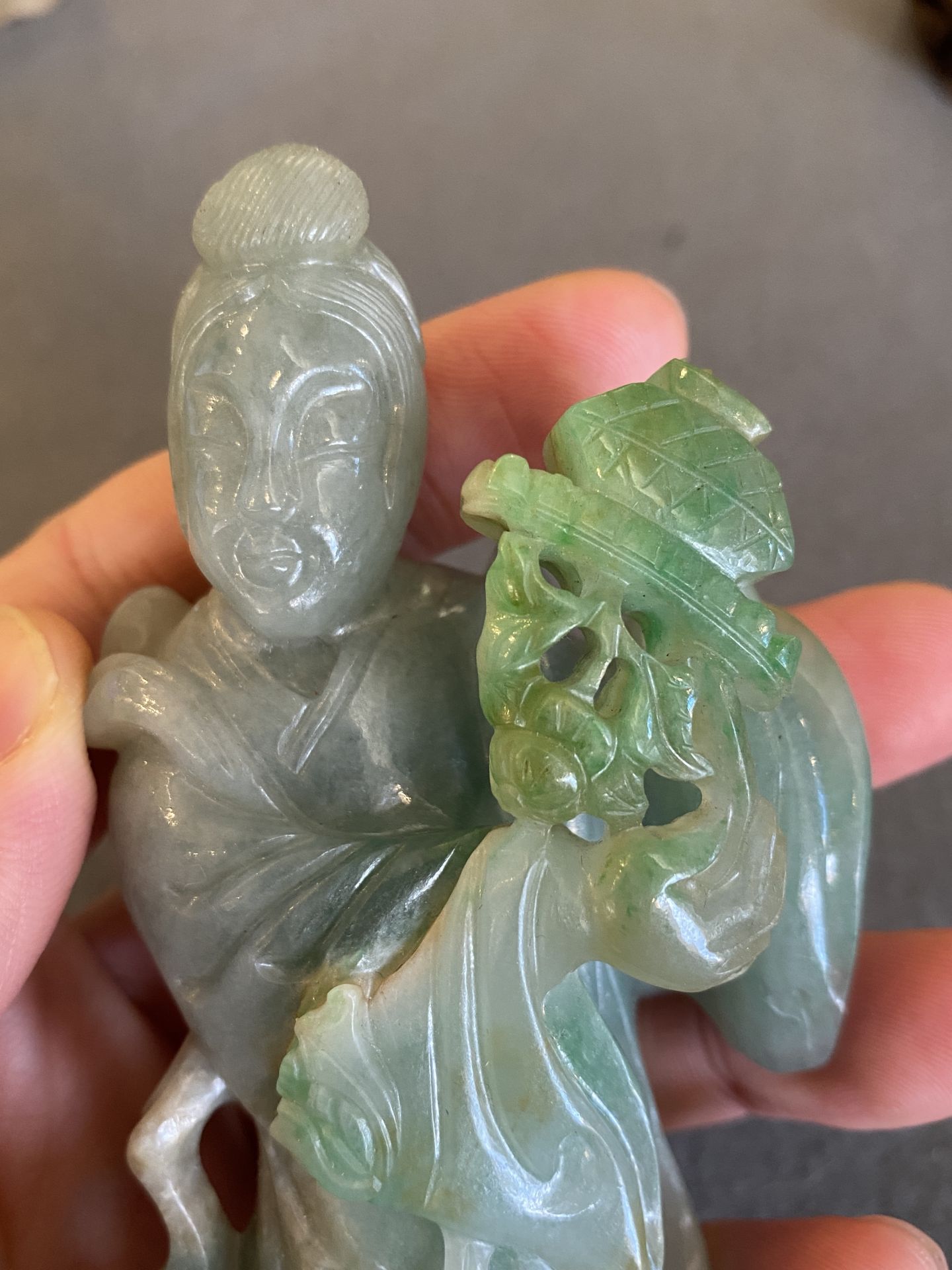 A Chinese jade sculpture of a lady on a wooden stand, Qing - Image 12 of 21