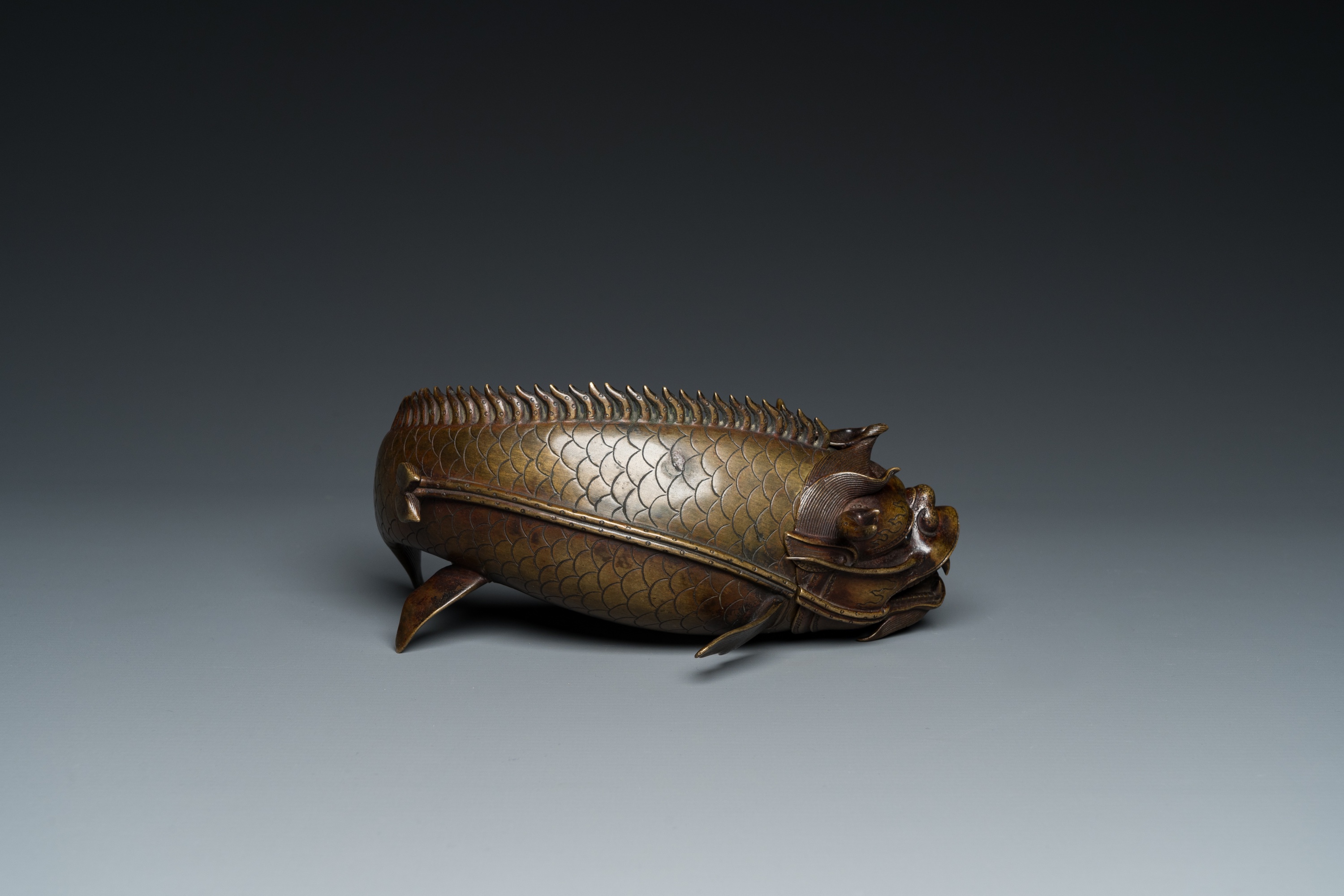 A Chinese bronze dragonfish form censer, Ming - Image 9 of 29