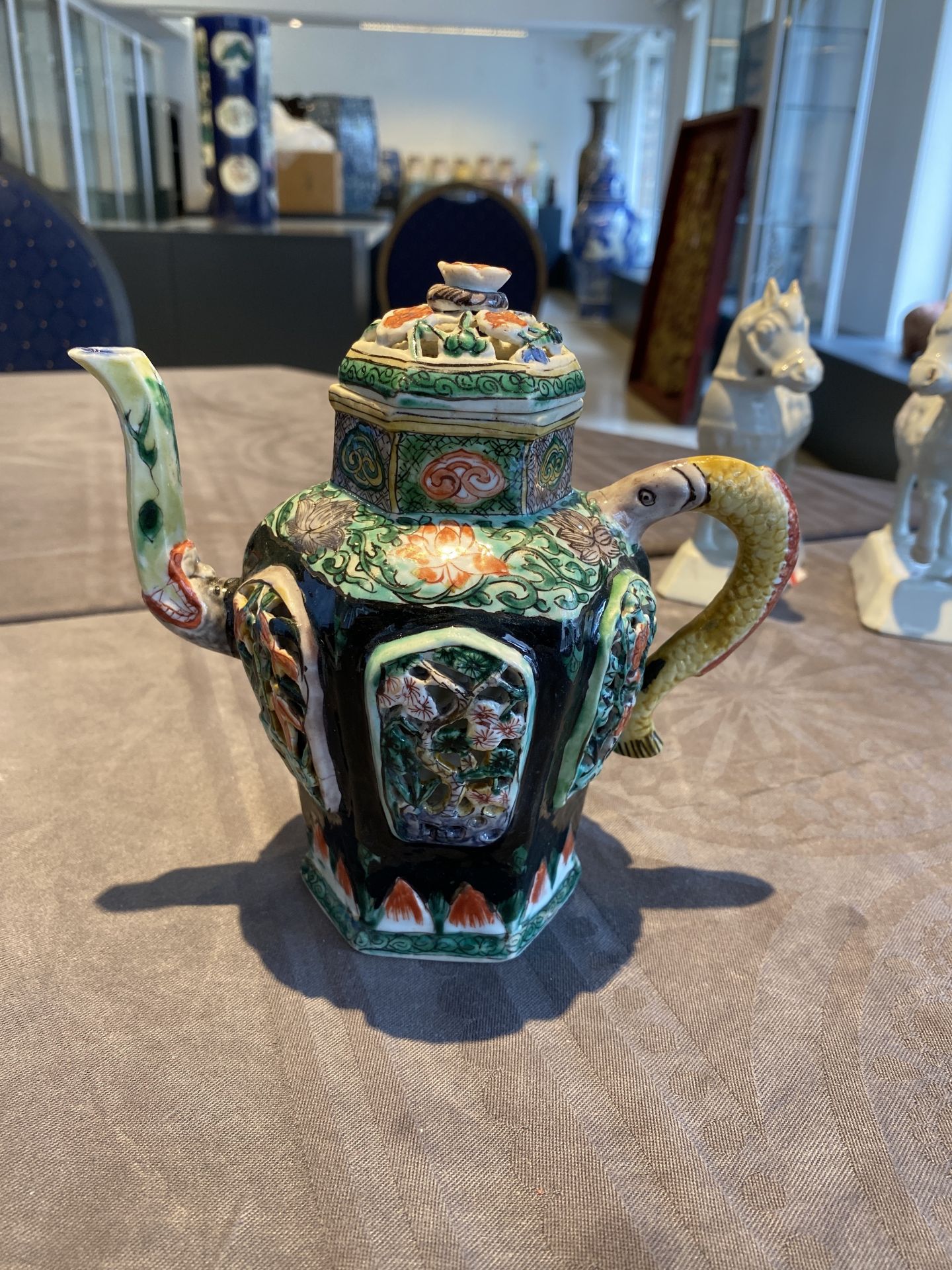 A Chinese verte biscuit reticulated teapot and cover, Kangxi - Image 8 of 37