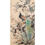 Yan Bolong ___ (1898-1955): 'Peacocks and other birds among blossoming branches', ink and colour on